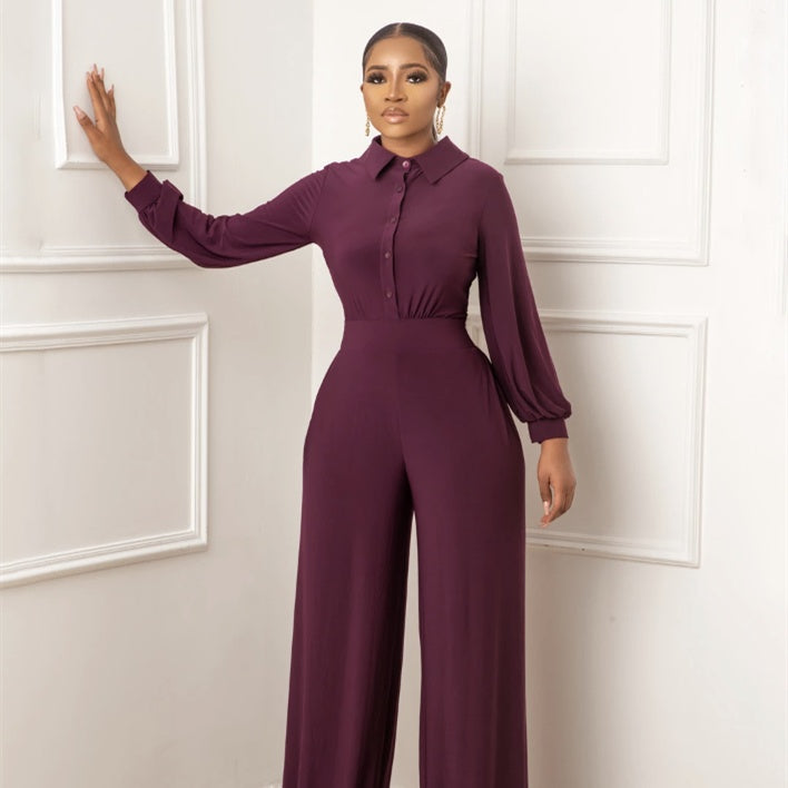Solid Color Elegant Women's Polyester Jumpsuit with Zipper