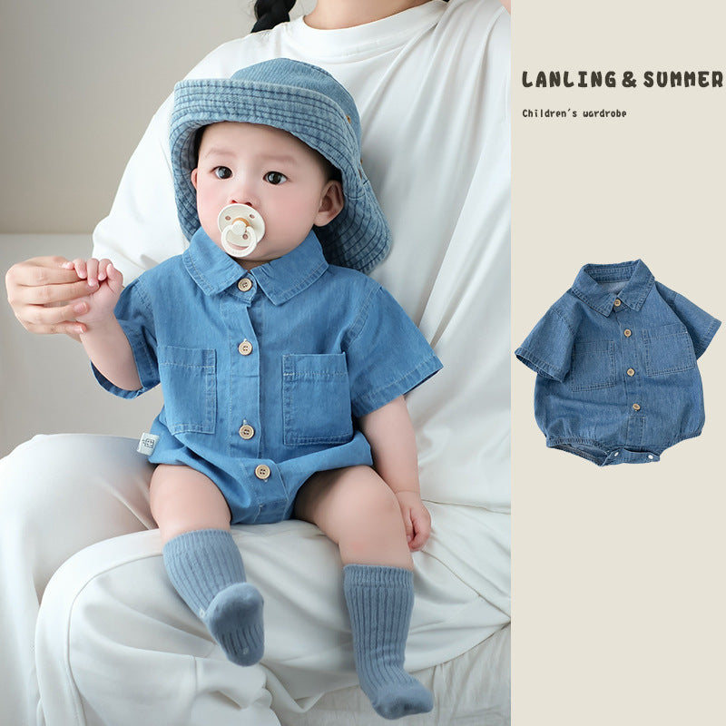 Baby Denim Thin Lapel Short Sleeve Jumpsuit