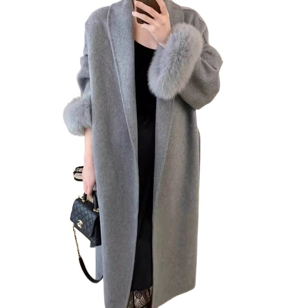Women's Long Reversible Wool Coat with Lapel and Pockets