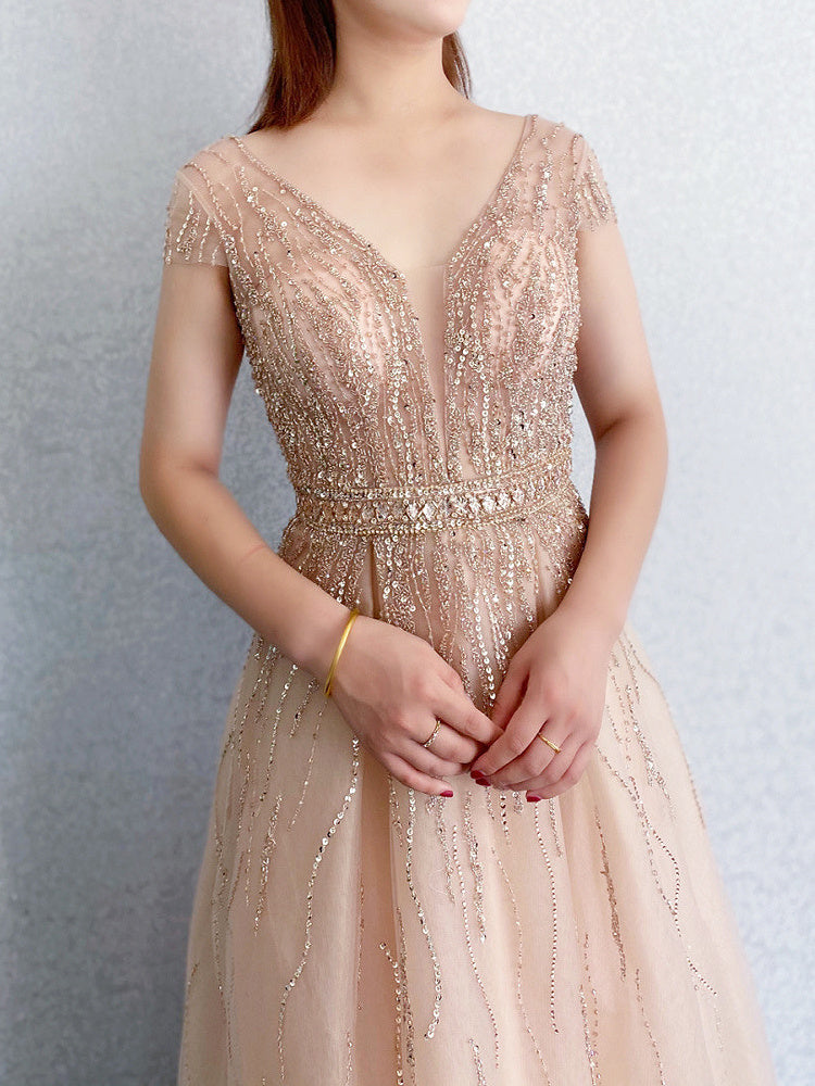 Women's Noble Slim Mesh High-End Evening Dress in Gray Champagne Gold