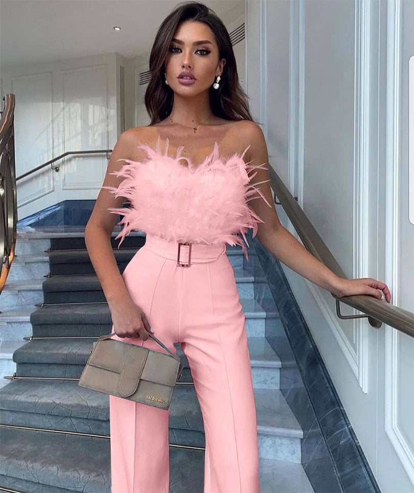 Feather Tube Top Jumpsuit High Waist Polyester