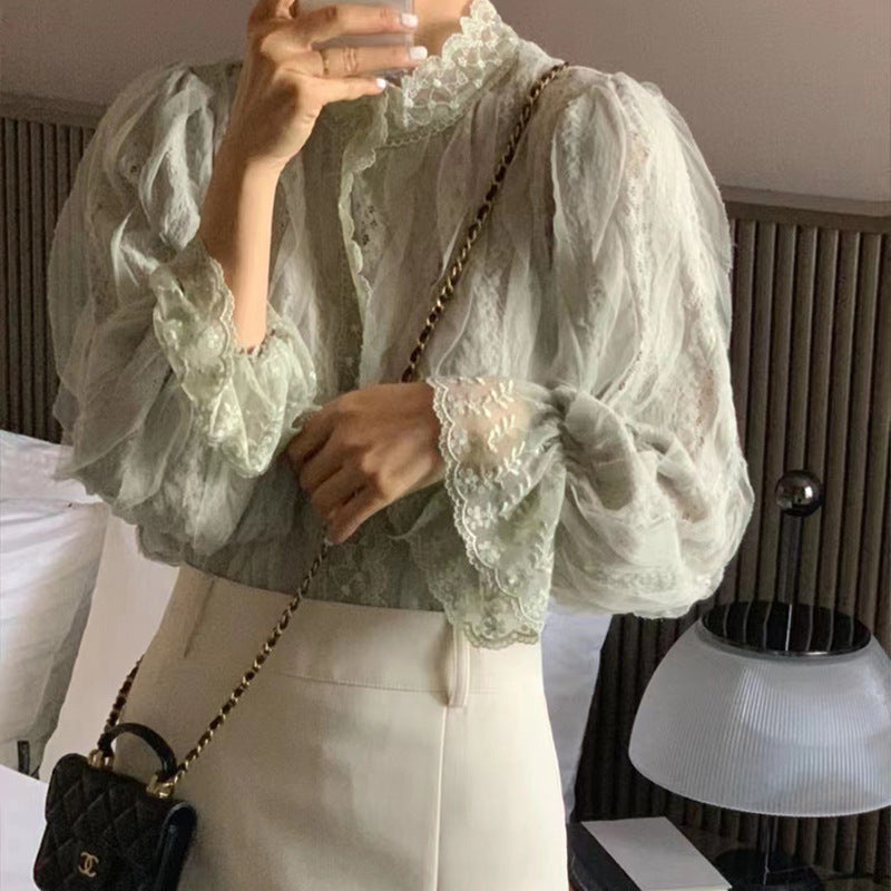 Elegant Lace Puff Sleeve Stand Collar Shirt Women