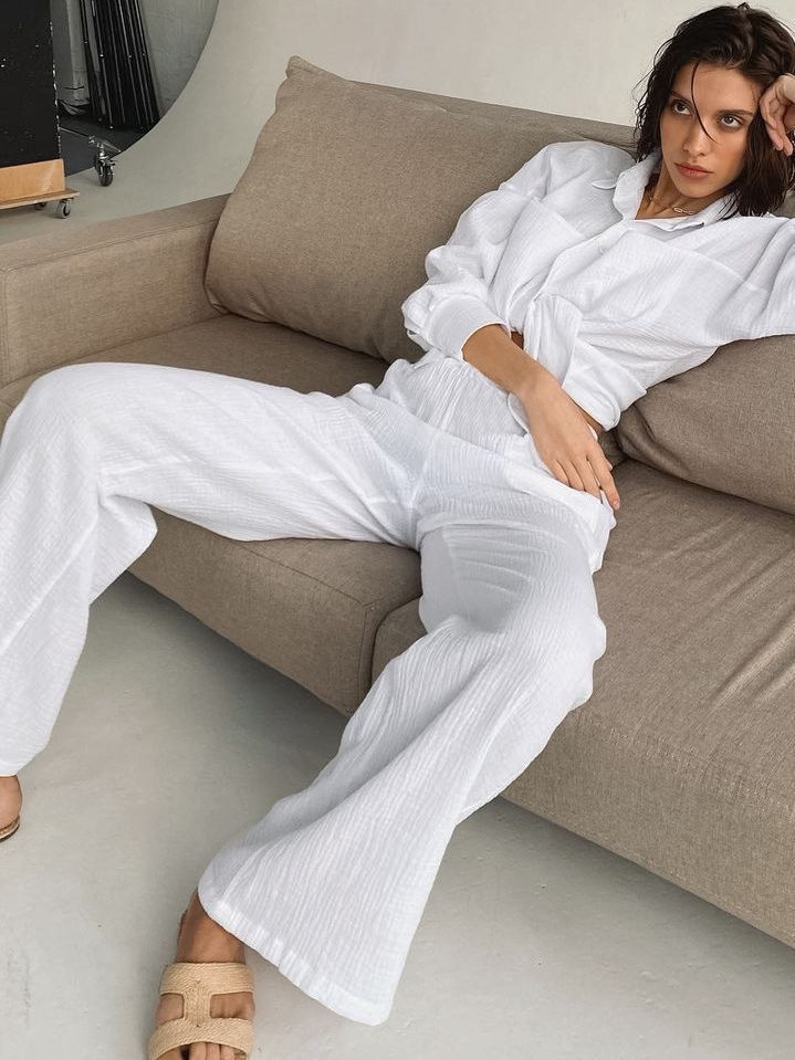 Women's Cotton Casual Loose Long Sleeve Shirt & High Waist Straight Pants Set