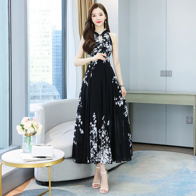 Robe en polyester à imprimé encre de style chinois pour femmes