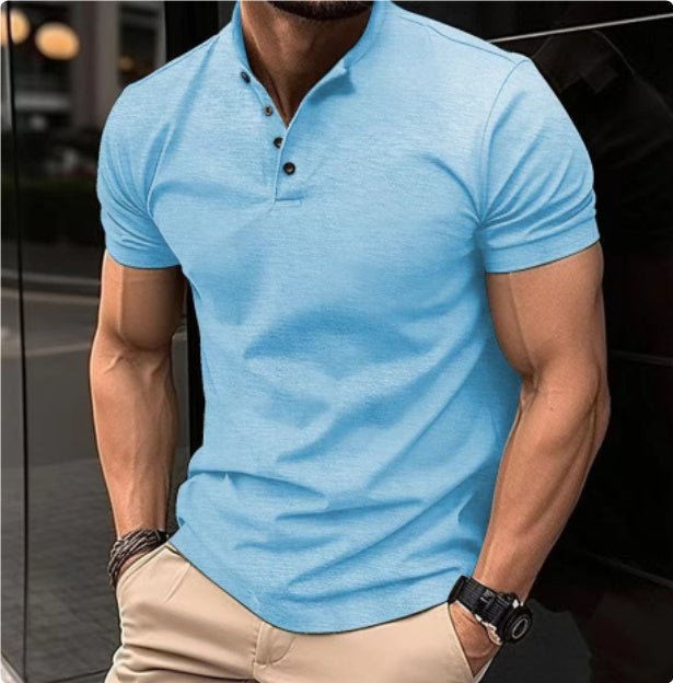 Men's Button Henry Collar Sports Polo Shirt Summer Short-sleeved Tops
