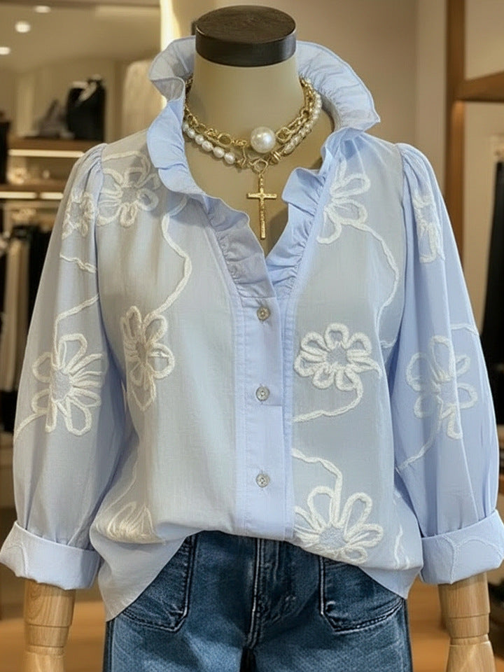 Lace-Embroidered Cotton-Linen Blouse