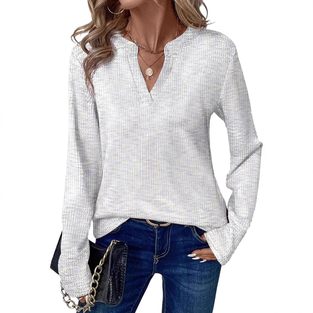 Women’s V-Neck Long-Sleeve Pullover Top Polyester Colorblock