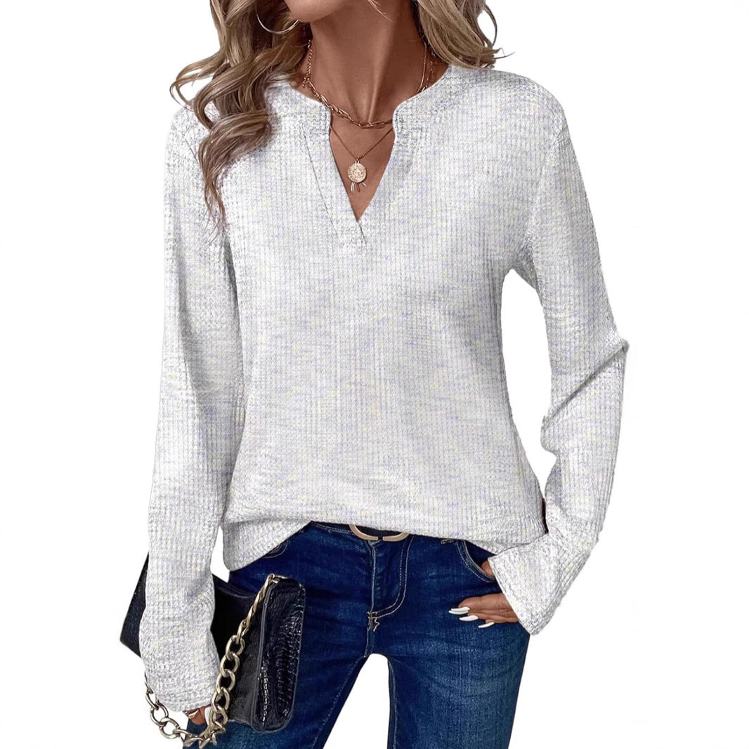 Women’s V-Neck Long-Sleeve Pullover Top Polyester Colorblock