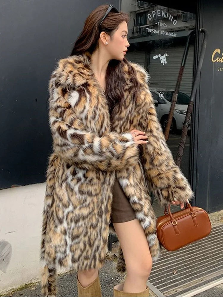 Fashion Long Mid-Length Faux Fox Fur Coat with Collar