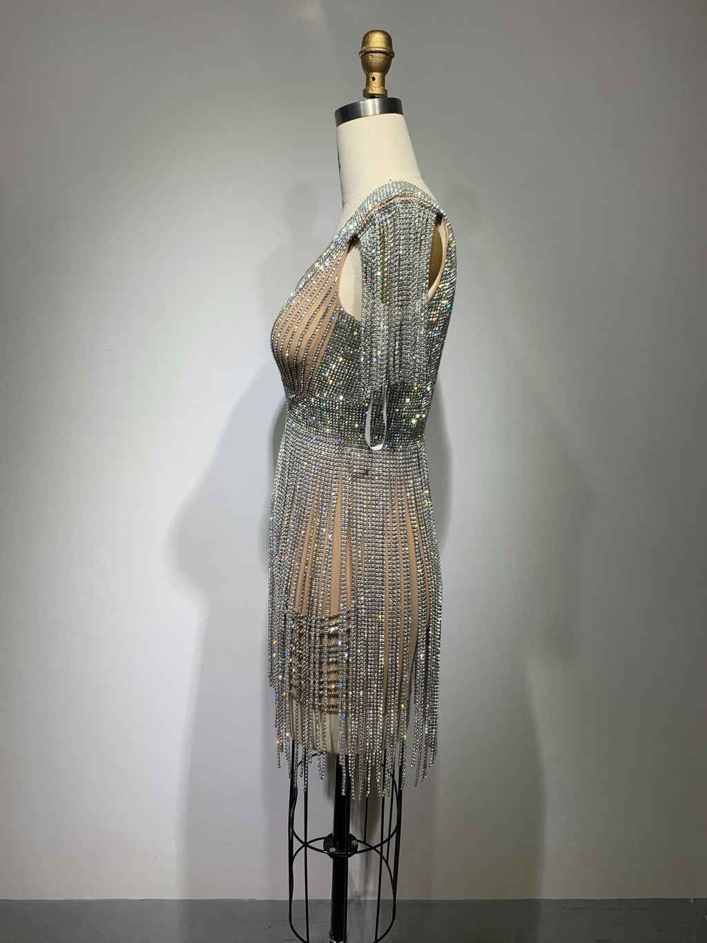 Low Cut Tassel Hollow-Out Diamond Sheath Apricot Cotton Dress