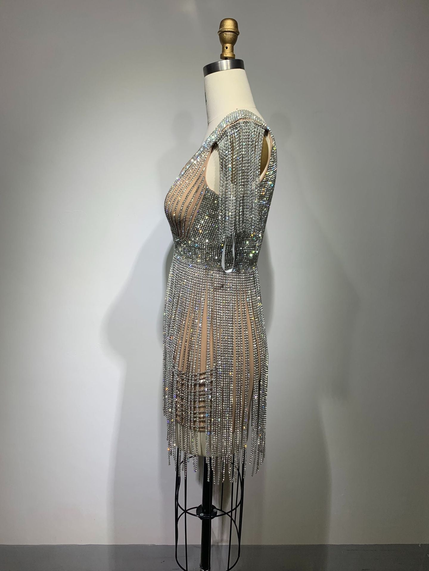 Low Cut Tassel Hollow-Out Diamond Sheath Apricot Cotton Dress