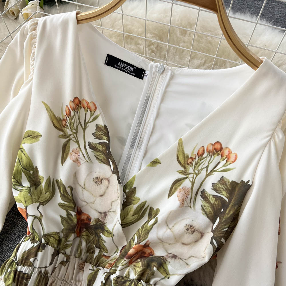 V-Neck High Waist French Retro Floral Chiffon Dress