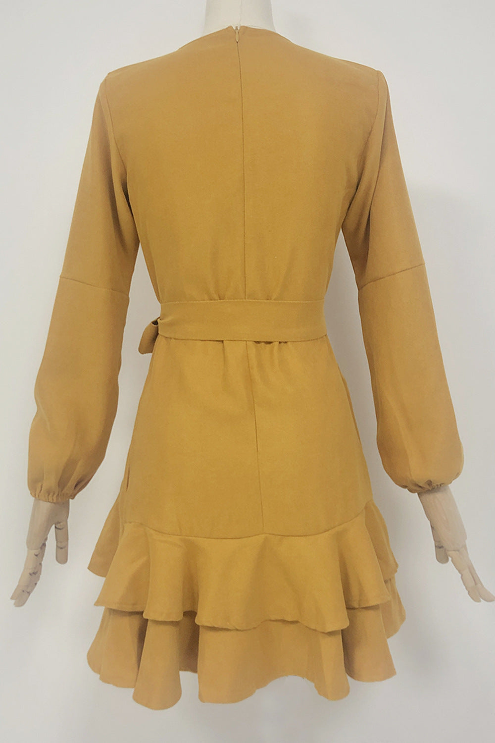 Ruffled Pleated Long Sleeve Lace Up V-neck Pink Women's Skirt