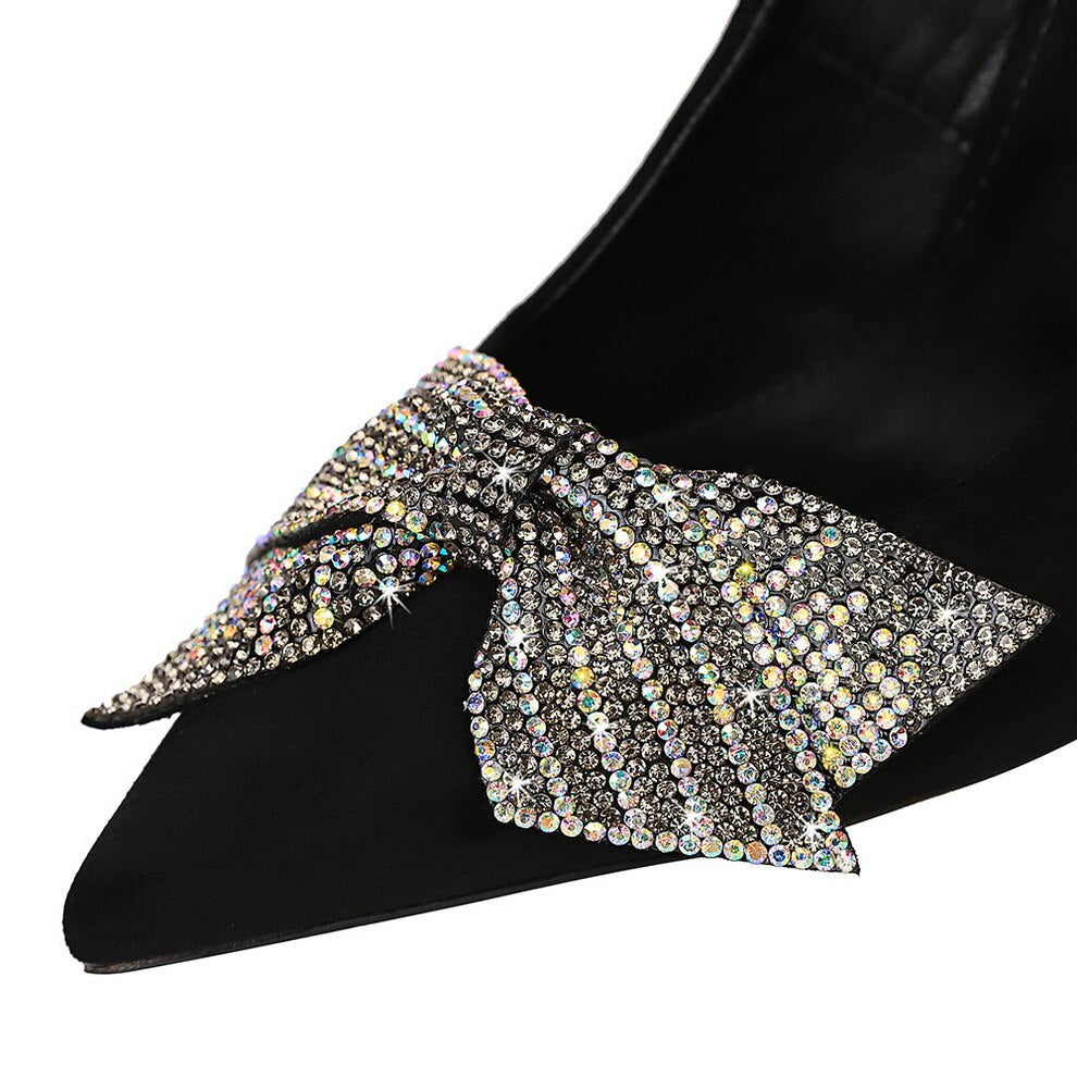Sexy Slim Stiletto Suede High Heel Pointy Rhinestone Bow Shoes