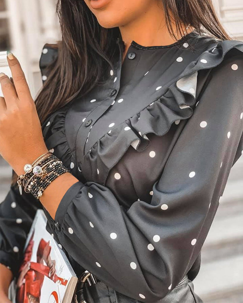 Ruffled Long Sleeve Polka Dot Shirt