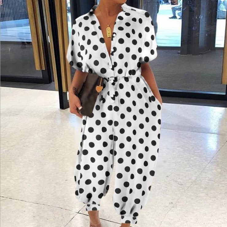 Short Sleeve Buttoned High-Waist Jumpsuit with Belt