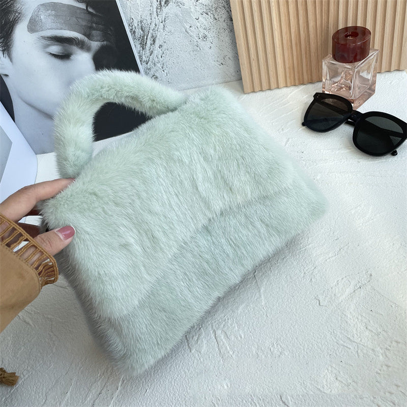 Mink Fur Hourglass Wrapped Clutch with Hard Handle - Plush, Magnetic Buckle, 22x26x18cm, Multiple Colors