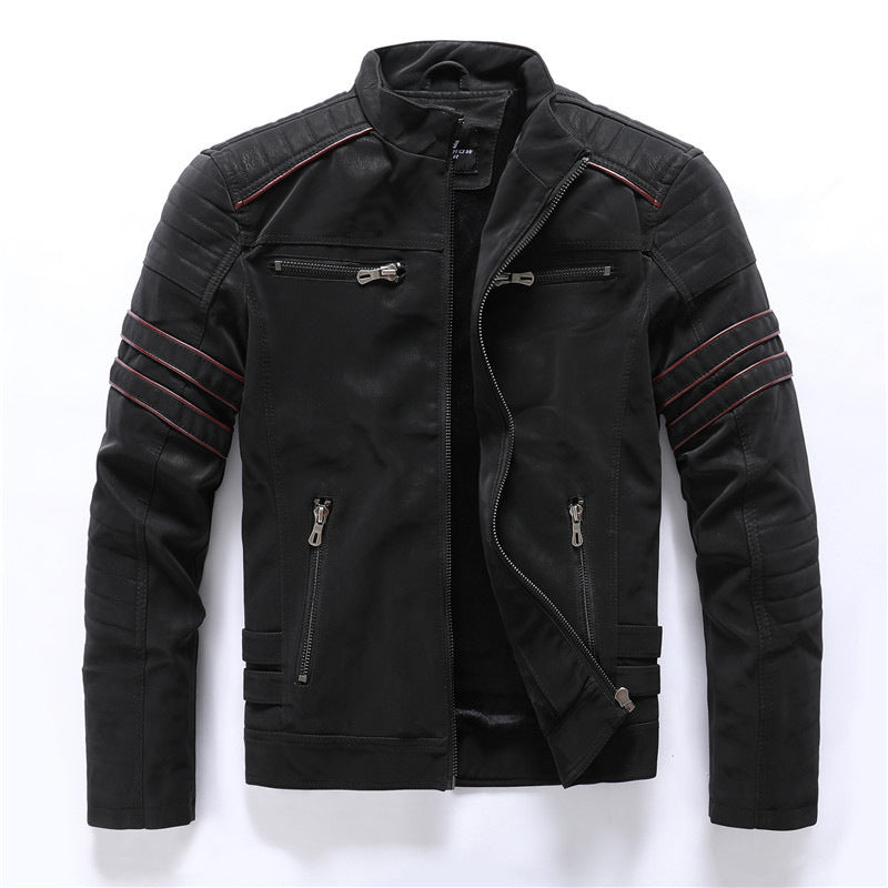 Men's Vintage Washed PU Leather Jacket with Stand-Up Collar