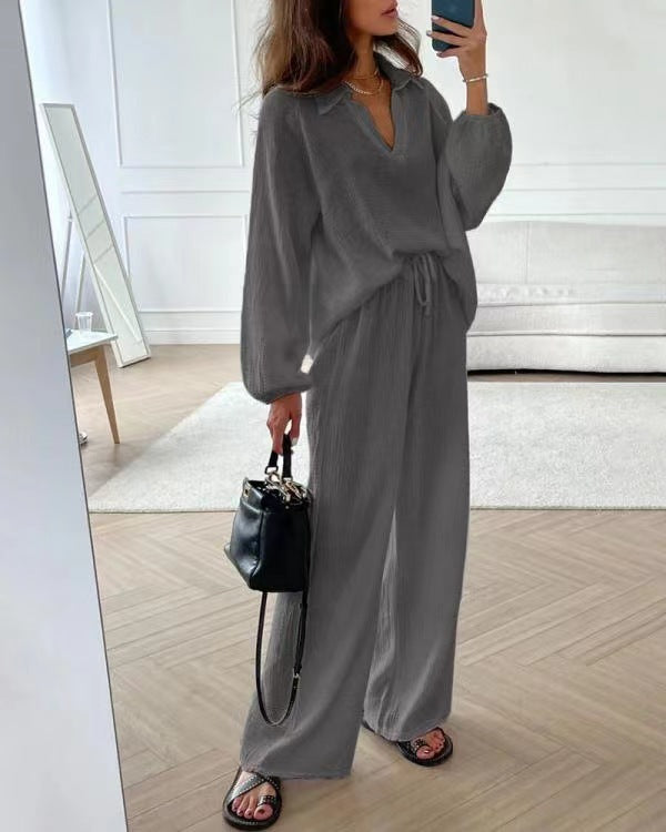 Ensemble élégant haut et pantalon décontracté en polyester pour femme, disponible en plusieurs coloris