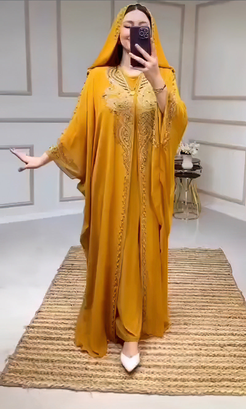 Rhinestone Beaded Muslim Hooded Long Gown Dress