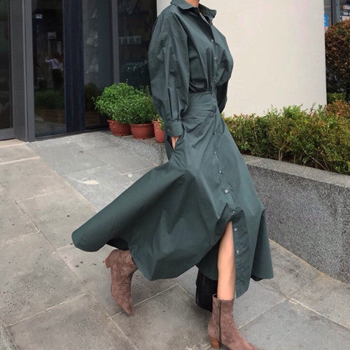 Cotton Lapel Shirt Style Slim Waist Long Dress