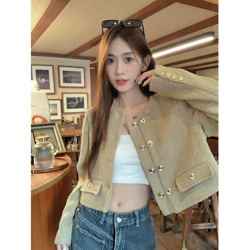 Apricot Round Neck Tweed Short Coat French Style
