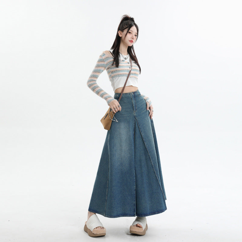 Jupe en jean trapèze mi-longue taille haute rétro style américain