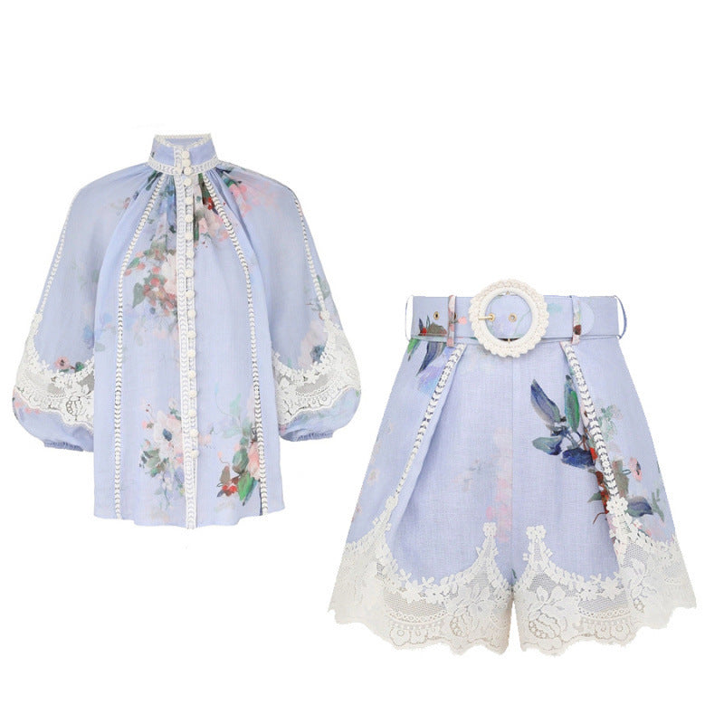 Lace Stitching Single-Breasted Shirt & Wide Leg Shorts Two-Piece Suit for Women