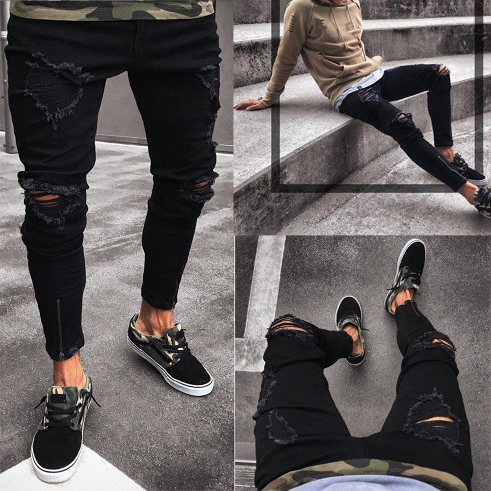 Men's Low Waist Pencil Pants Jeans Long Basic Broken Clothes
