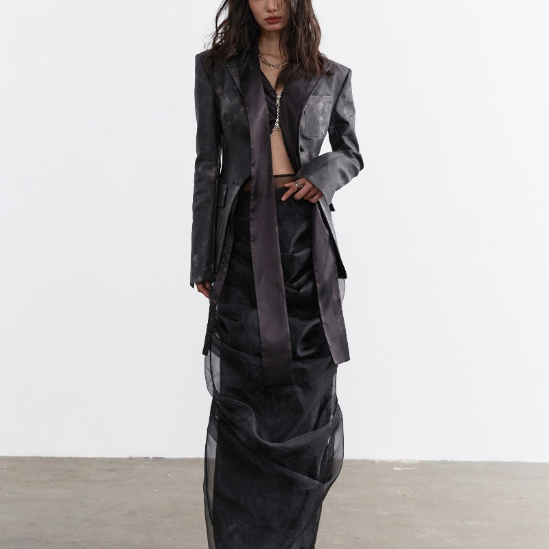 Dark Punk Smoked Ink Dyed PU Leather Coat Two-Piece Look