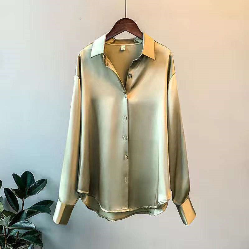 Women's Long-Sleeve Satin Shirt in Pearly White, Green, Apricot & Black