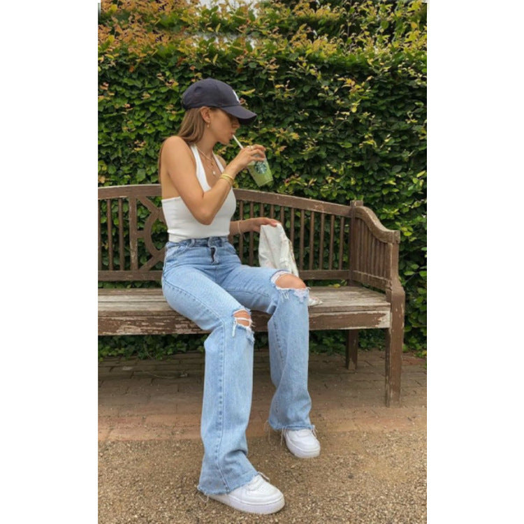High Waist Light Wash Wide Leg Ripped Denim Jeans