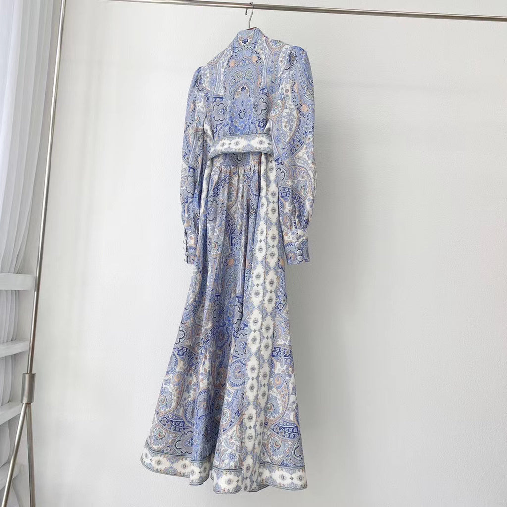 Blue Linen Print Women’s Dress