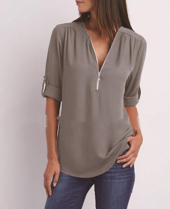 Chemisier ample zippé à col en V et manches courtes pour femme, disponible en plusieurs coloris