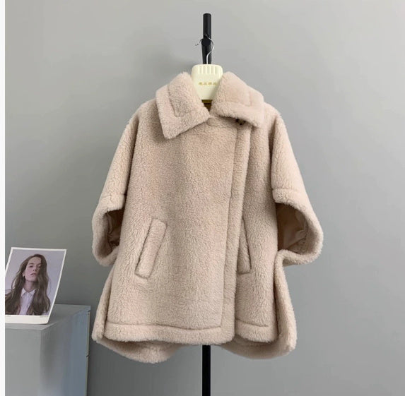 Manteau en laine mi-long ample chauve-souris pour femme avec fourrure d'agneau