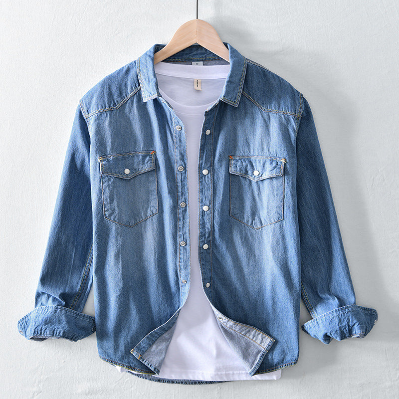 Men's Long-Sleeve Denim Shirt in Light Blue & Blue Cotton