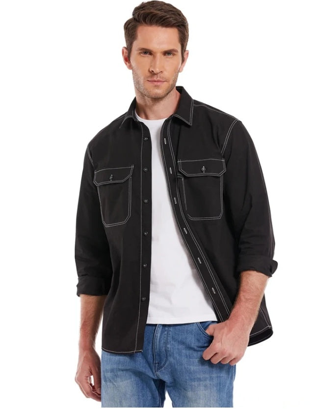 Chemise décontractée en lin à manches longues et col carré pour homme
