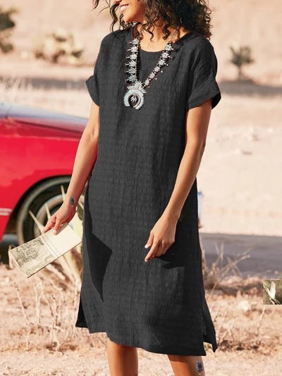 Round Neck Short Sleeve Midi Dress