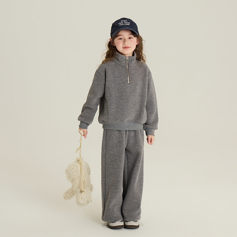Children's Fleece-Lined Stand Collar Sweater & Straight-Leg Pants Set