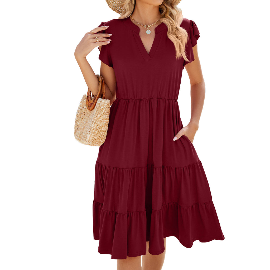 Robe Femme en Coton Ample à Manches Courtes Col V avec Couture