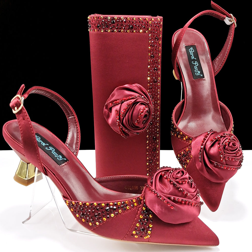 Handmade Satin High Heels & Bags Set with Flower Decoration
