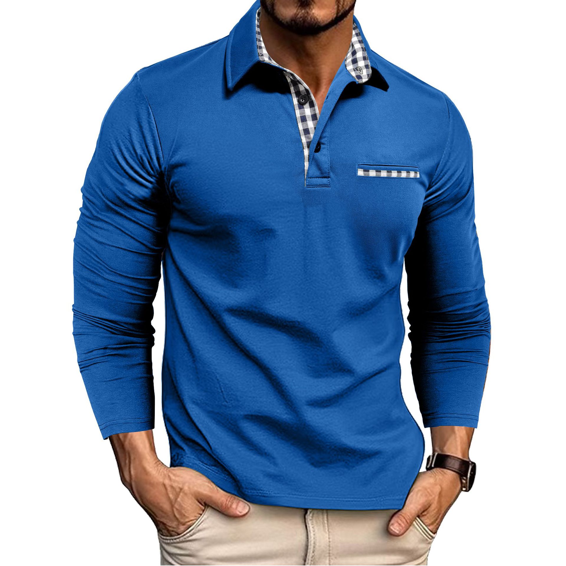 Men's Casual Plaid Splicing Lapel Polo Shirt Long Sleeve Top