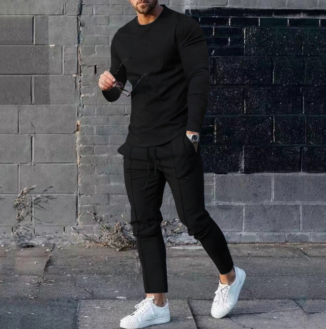 Ensemble pull col rond à manches longues coupe ajustée et pantalon cigarette à cordon de serrage pour homme