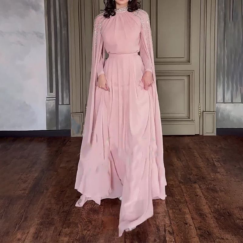 Robe longue de princesse arabe à col montant et manches longues, ornée de strass, disponible en noir, rouge et rose