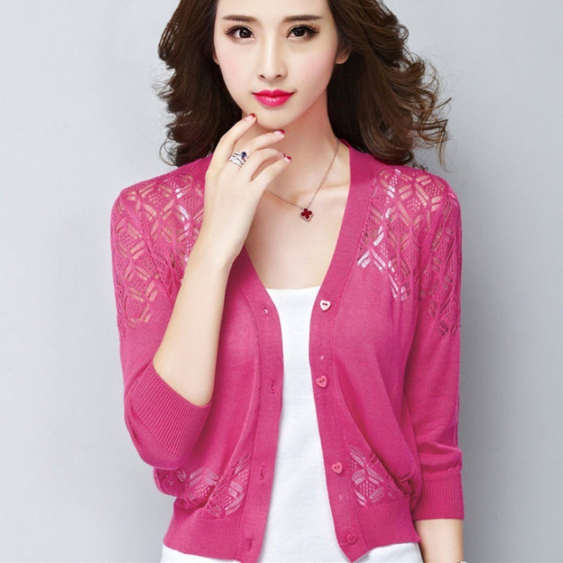V-Neck Hollow-Out Short Knitted Cardigan Coat