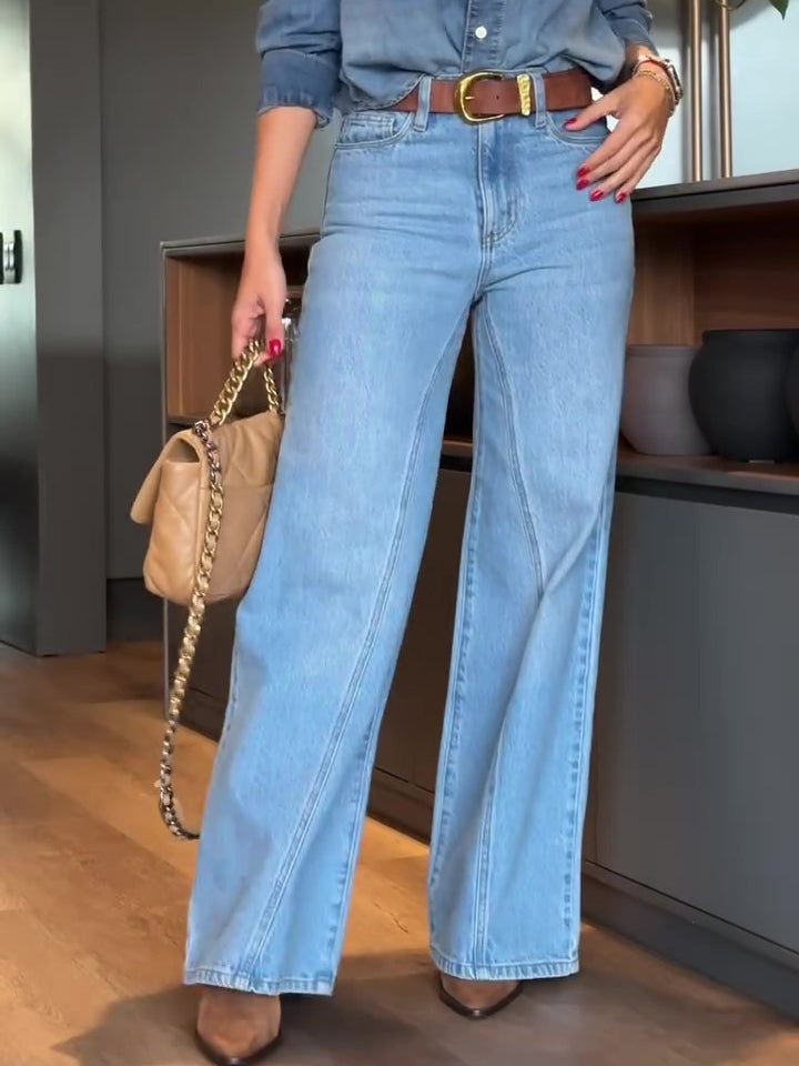 Jean denim taille haute coupe large bleu clair