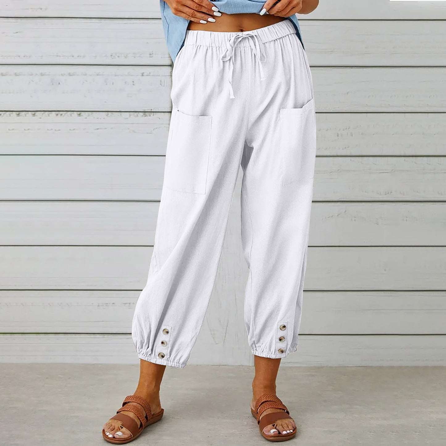 Women’s Cotton Linen Drawstring Pants With Pockets & Button - Spring Summer