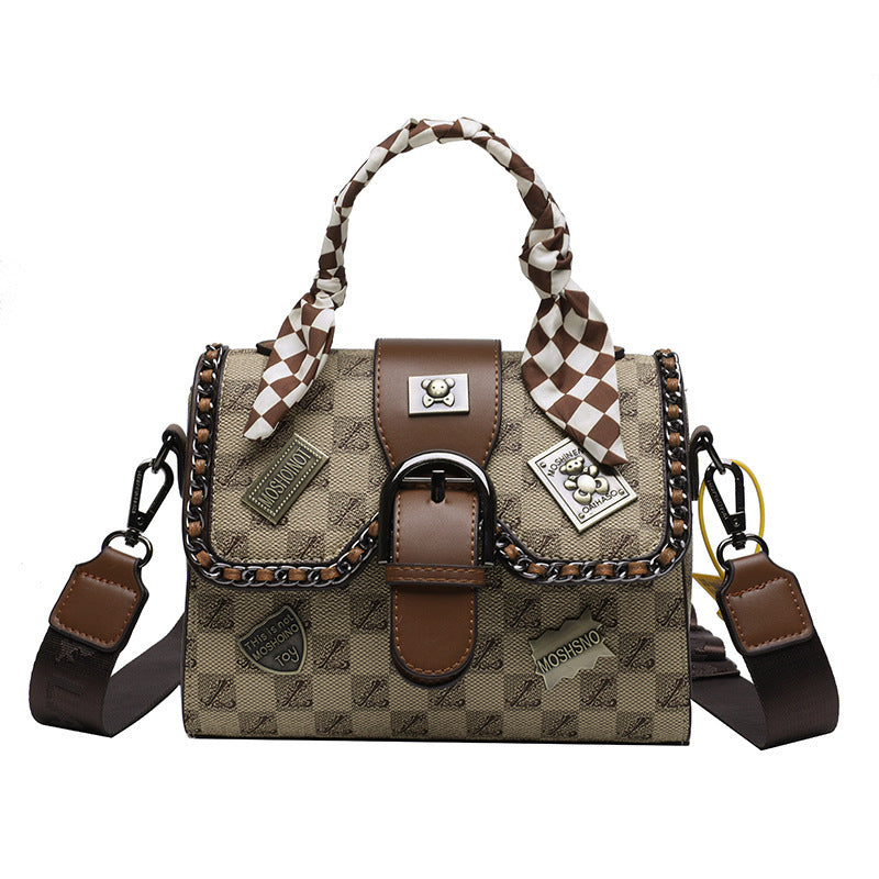 Women's Retro Printed Small Square Crossbody Bag in Khaki & Brown