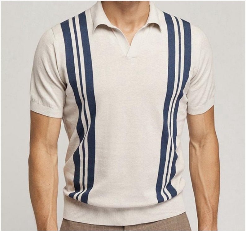 Polo décontracté d'été pour homme, manches courtes, rayé, coupe ajustée, col revers