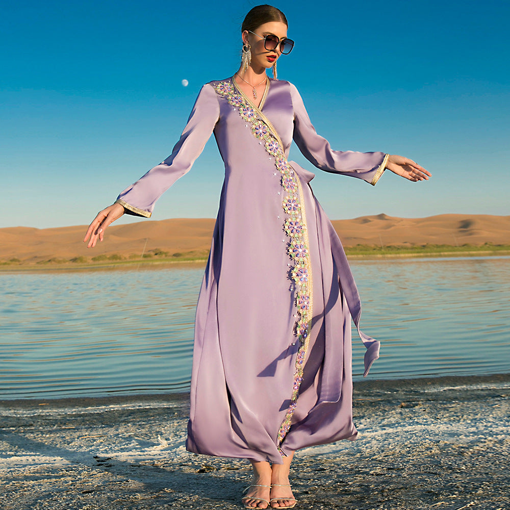 Fog Purple New Heavy Industry Hand Sewn Diamond Middle East Dress